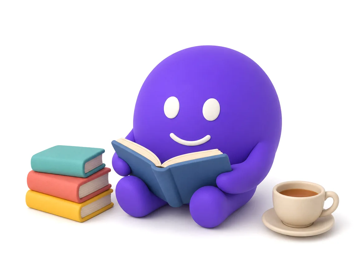 Illustratie: het AI-figuurtje leest een boek naast een stapel boeken